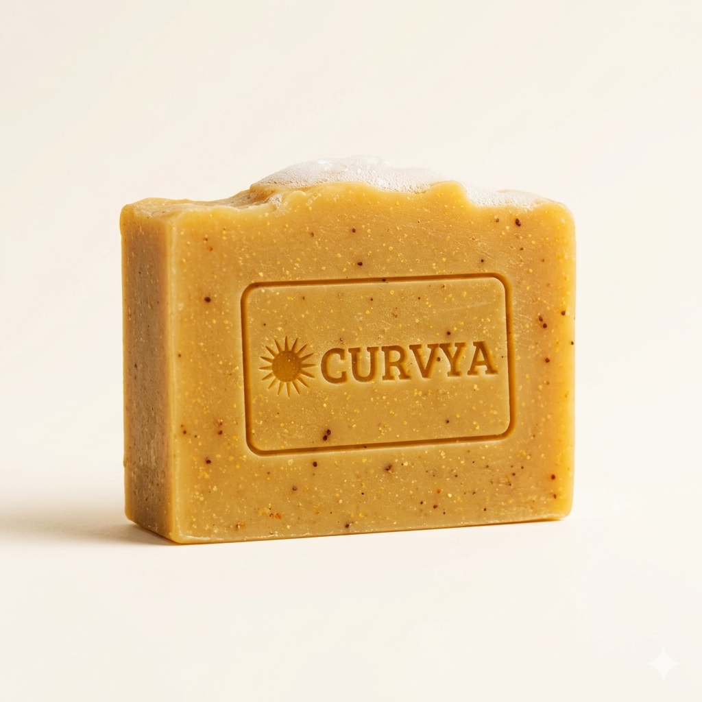 Bar of soap with 'CURVYA' branding on a beige background