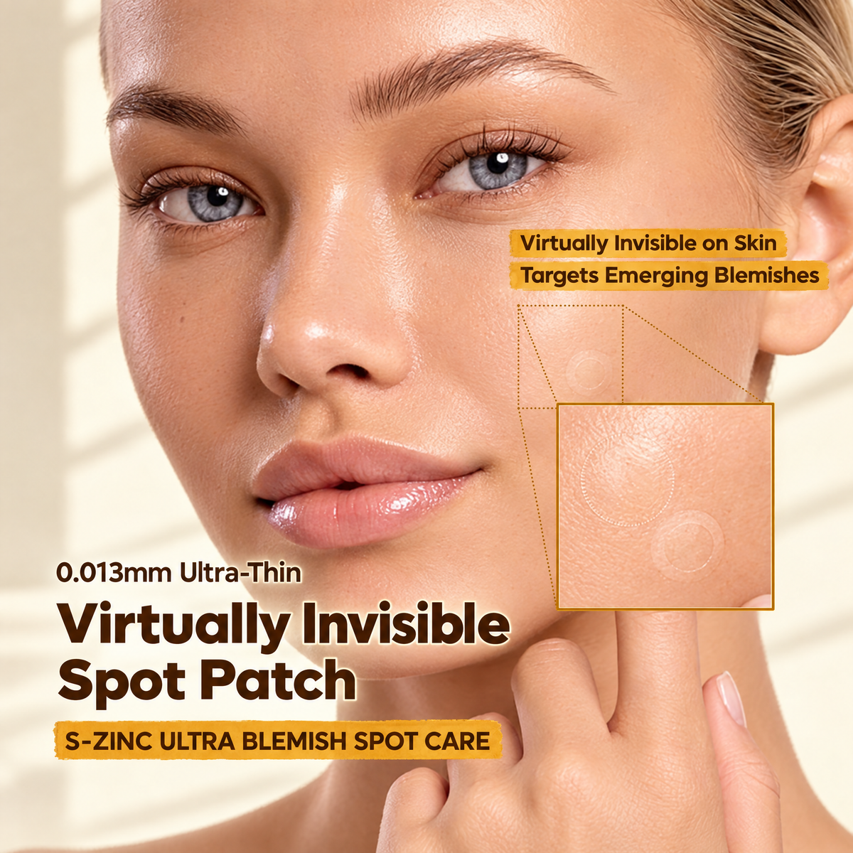 Invisible 0.013 mm S-ZINC spot patch worn on the cheek